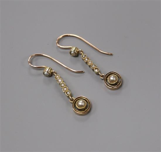 A pair of Edwardian 15ct and seed pearl set drop earrings, overall 31mm.